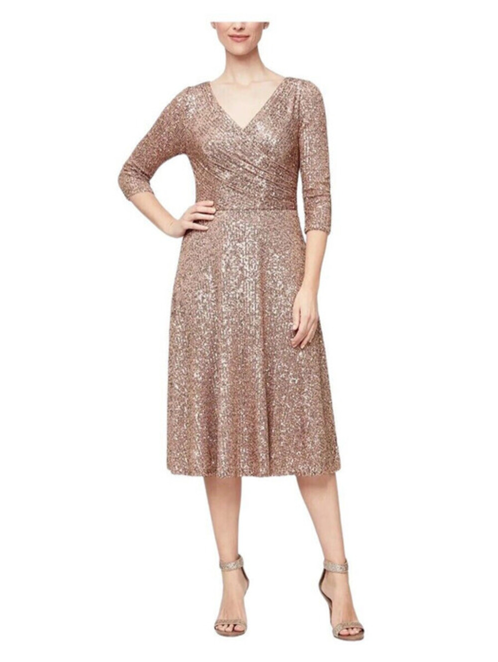 Alex Evenings Women's Dress Size 3/4 Sleeve Sequin A Line Gold Sequin Size 12P